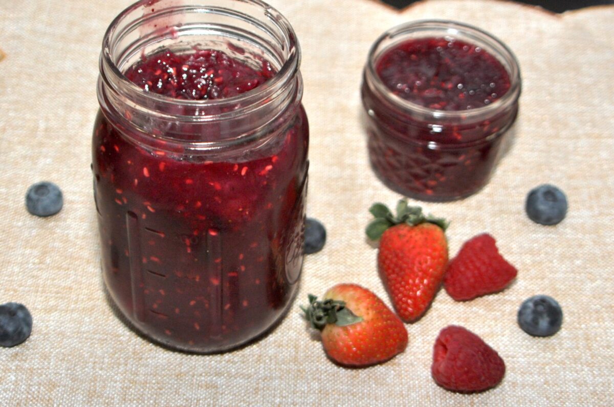 Mixed Berry Jam in jars.