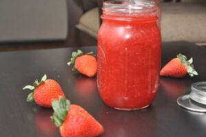 strawberry jam in a jar.