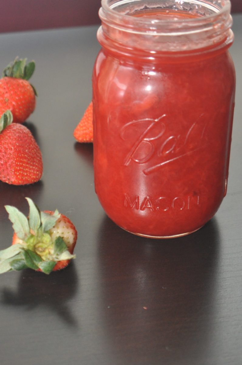 Bread machine strawberry jam in a jar.
