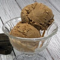 two chocolate ice cream scoops in a glass bowl.