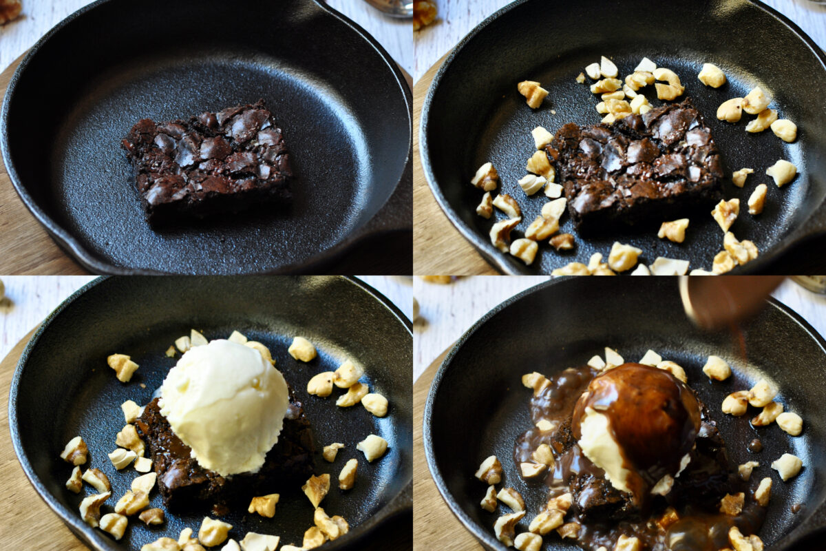 step by step 4 pictures of making sizzling brownie.