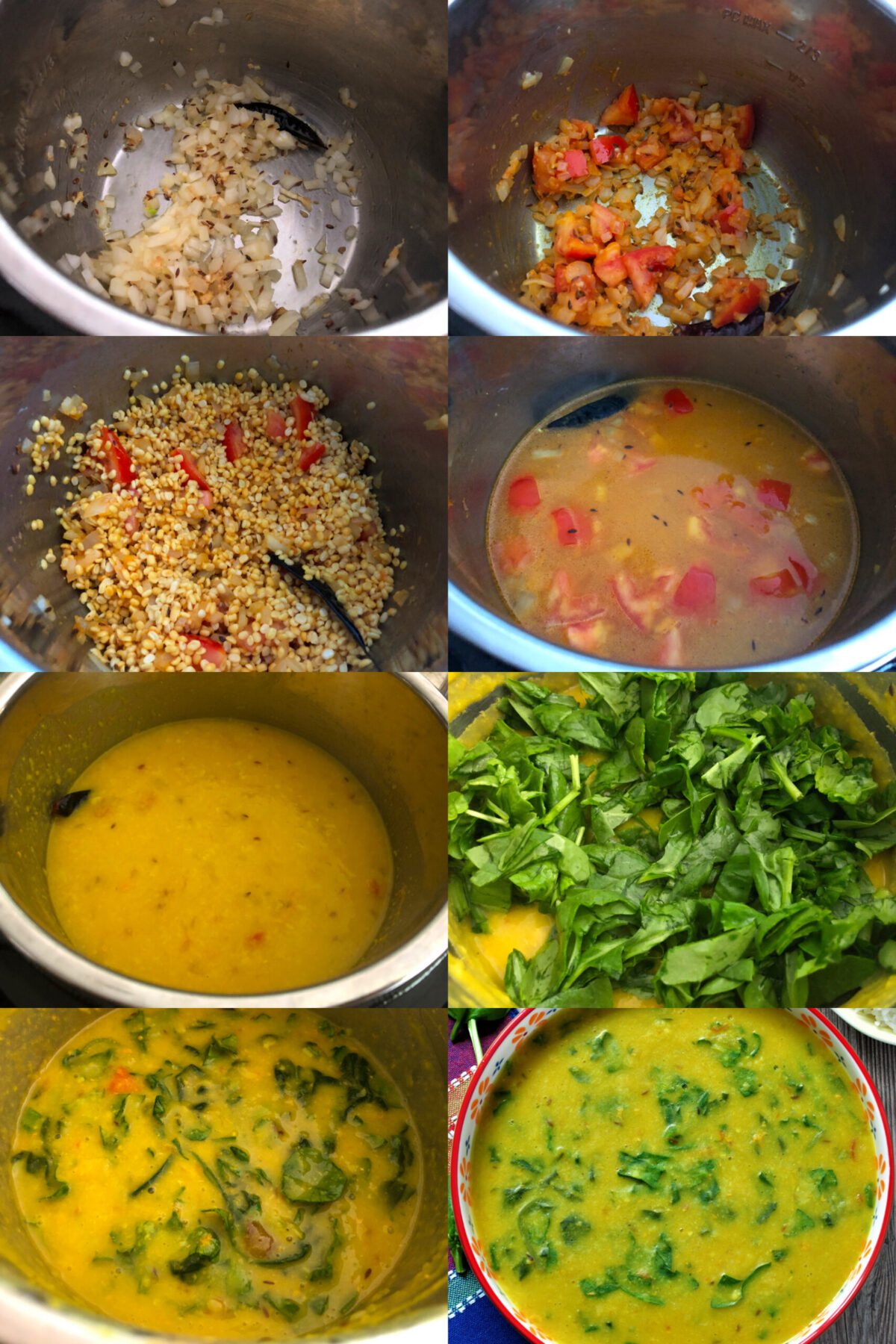 collage of 8 photos describing steps to make dal palak in instant pot.
