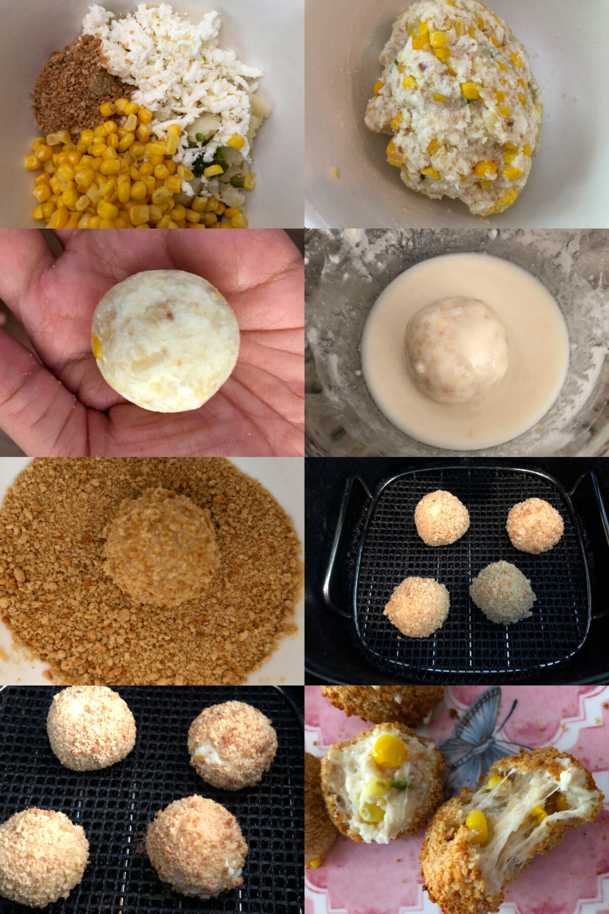 step by step collage of 8 images to make corn cheese balls in air fryer.