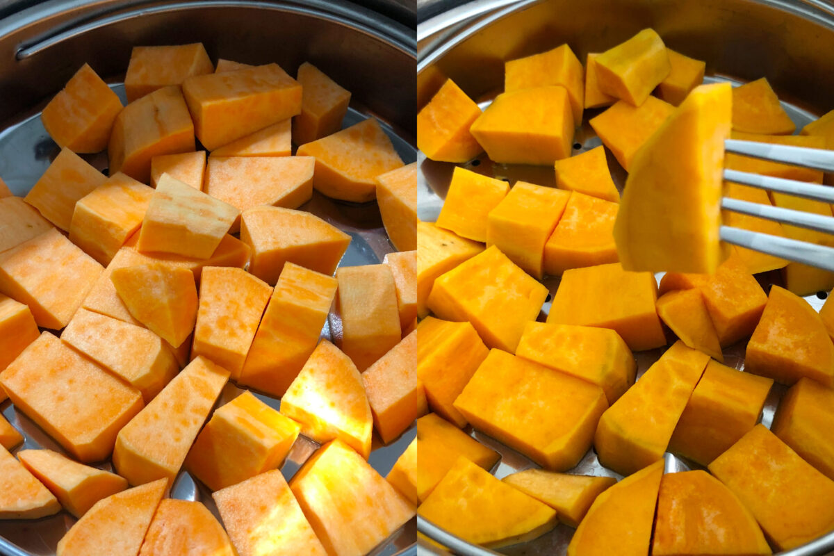 collage of 2 photos of raw and steamed cubed sweet potatoes.