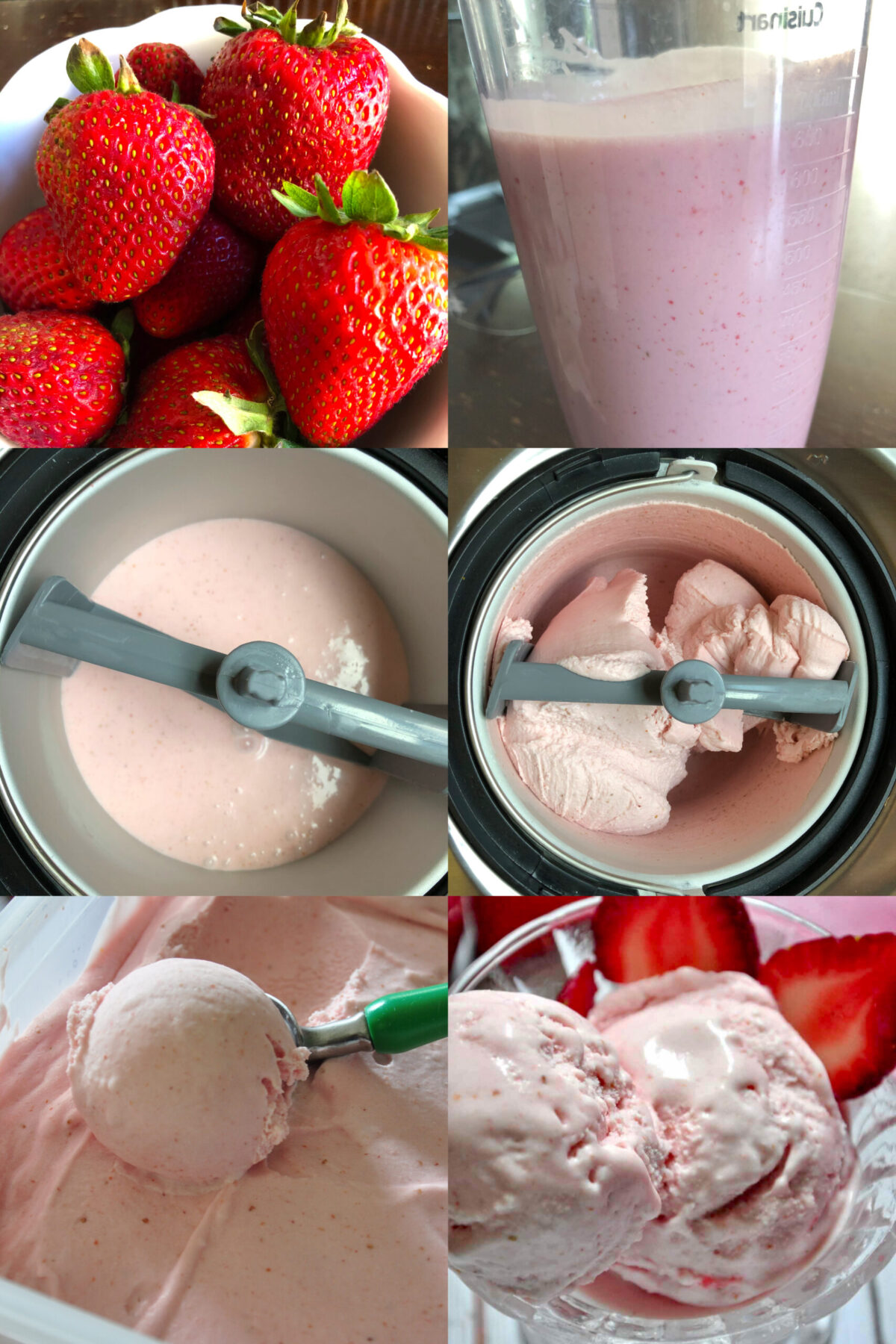 step by step collage of 6 images to make strawberry ice cream in ice cream maker, freezing and serving in a bowl.