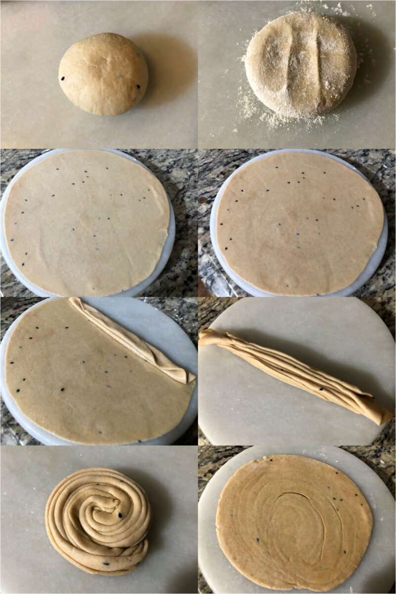 collage of 8 images of making dough ball, rolling, applying oil, making a swiss roll and then rolling into a flatbread.