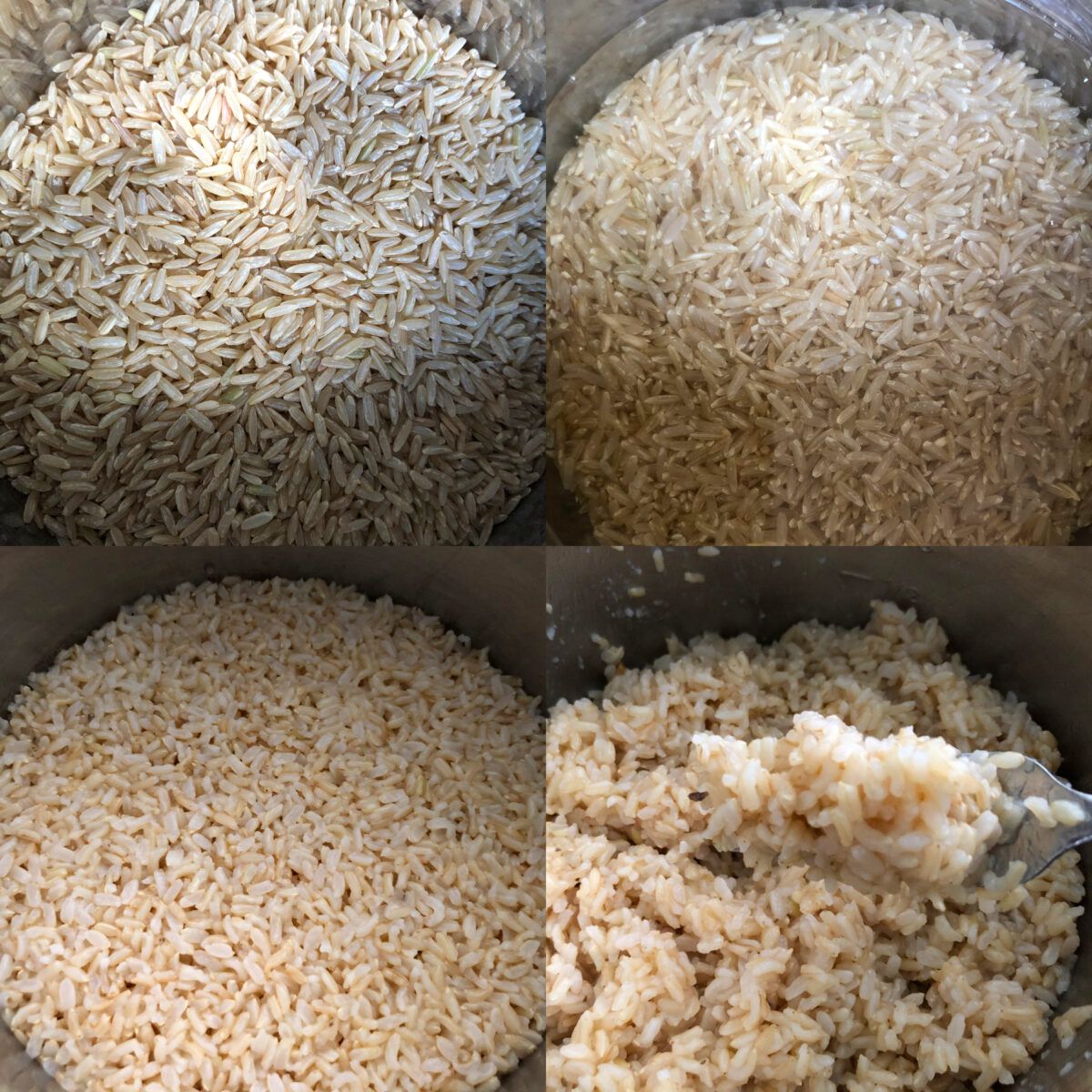 collage of brown rice cooking in instant pot.