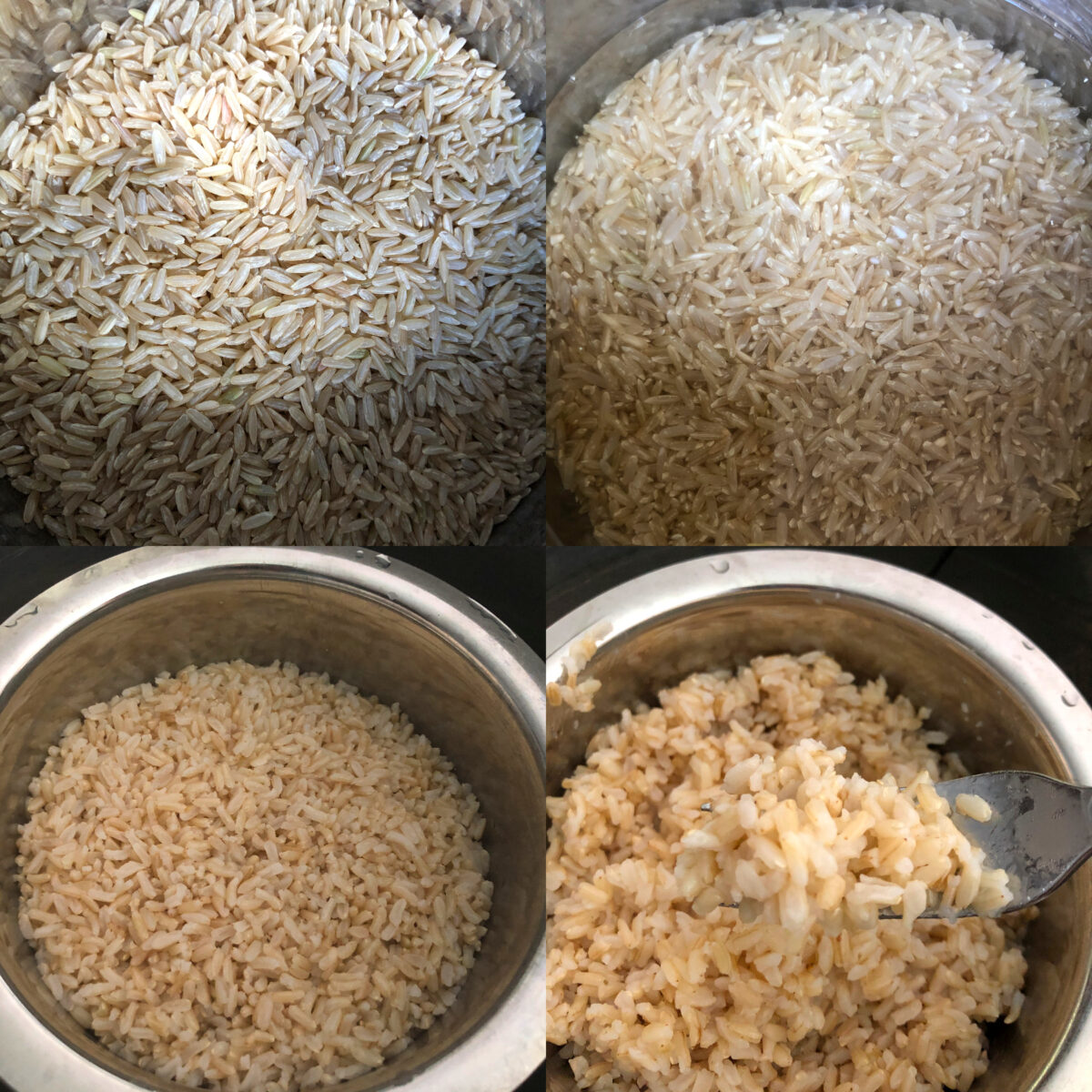 collage of 4 images of brown rice cooking pot in pot