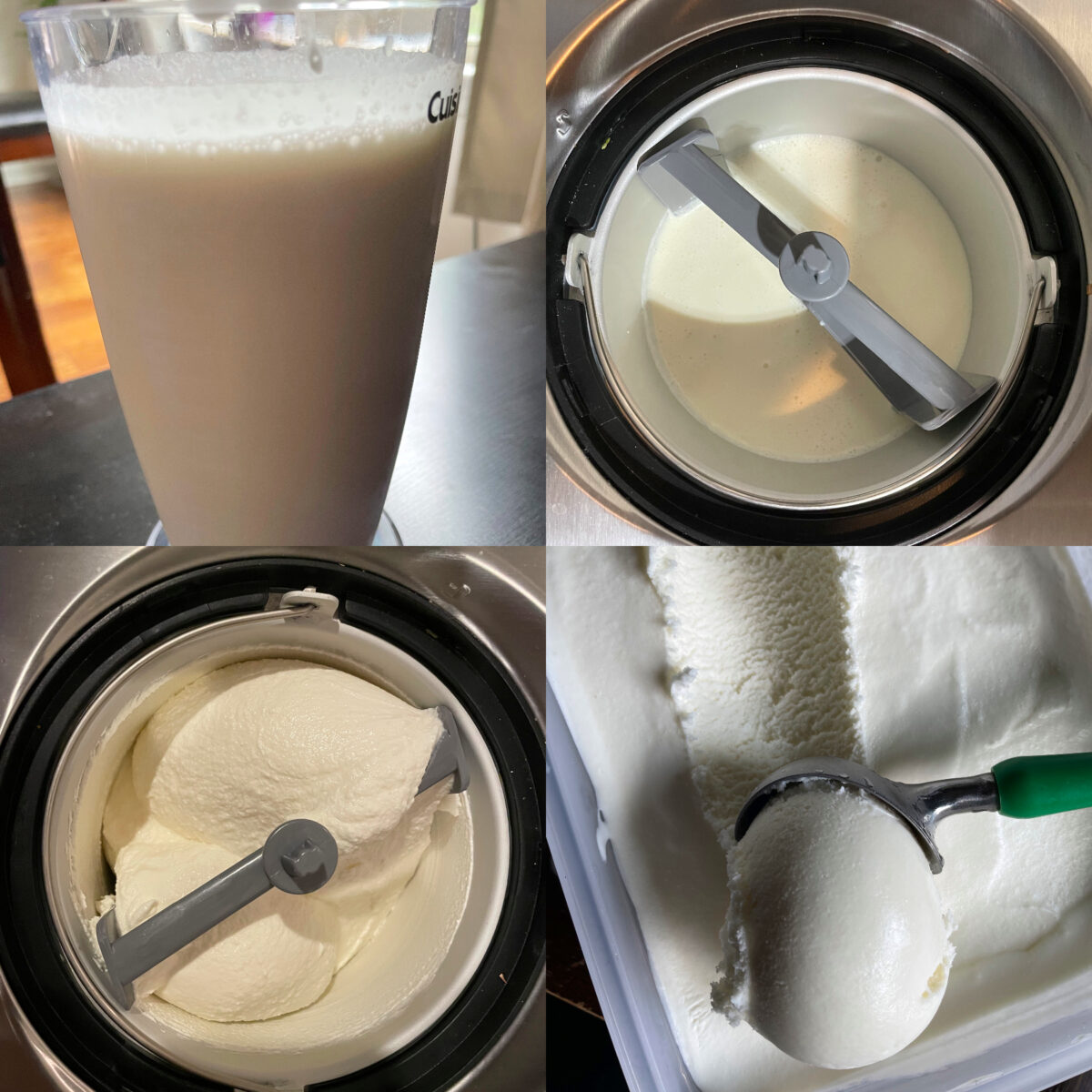 collage of 4 photos of making vanilla ic ecream in ice cream maker.