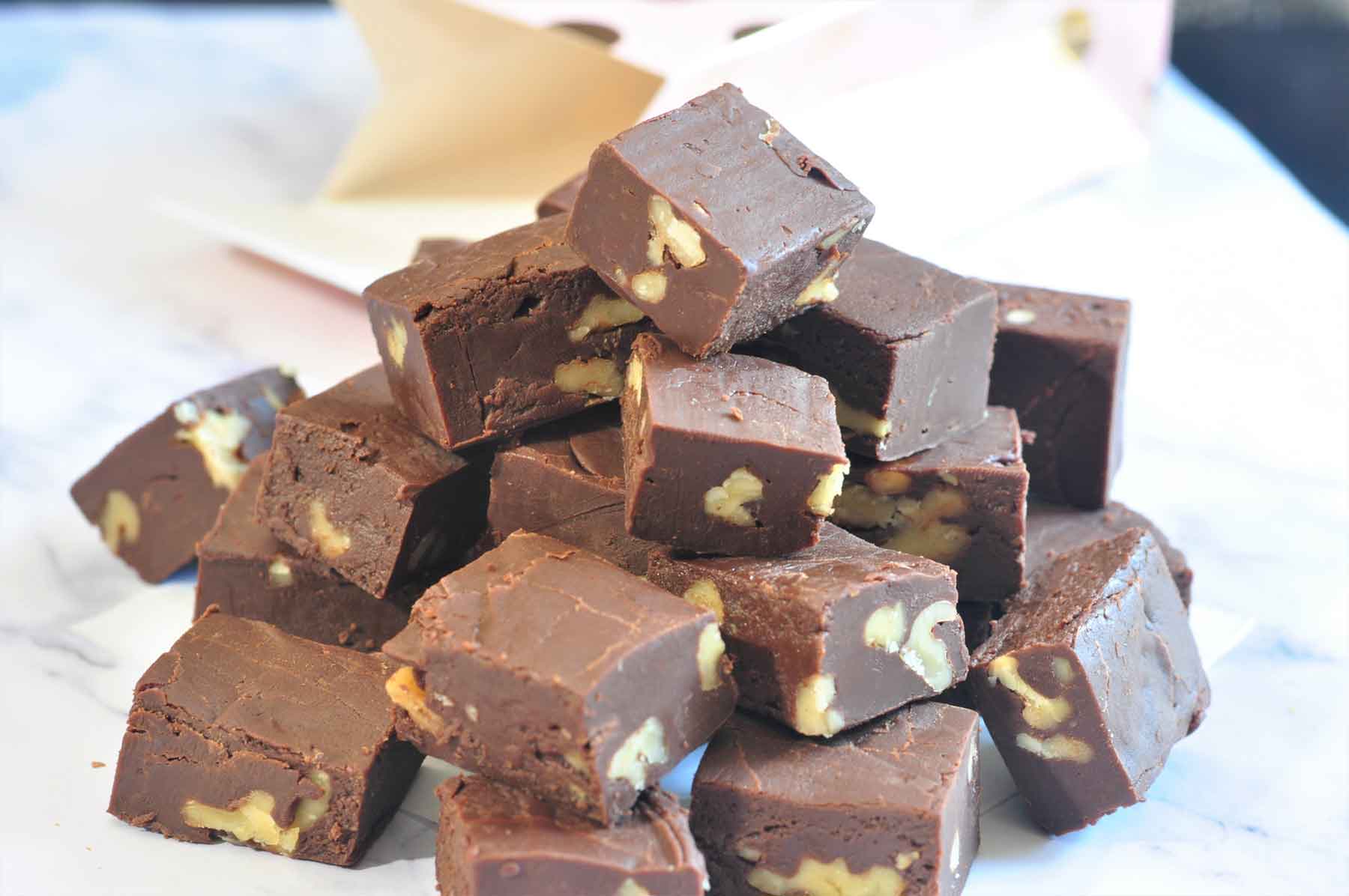 fudge pieces stacked on top of each other.