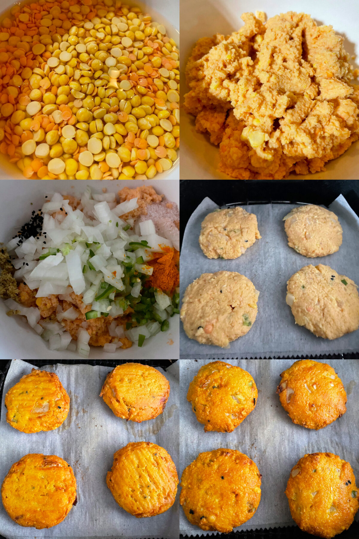 collage of step by step dal vada 6 images