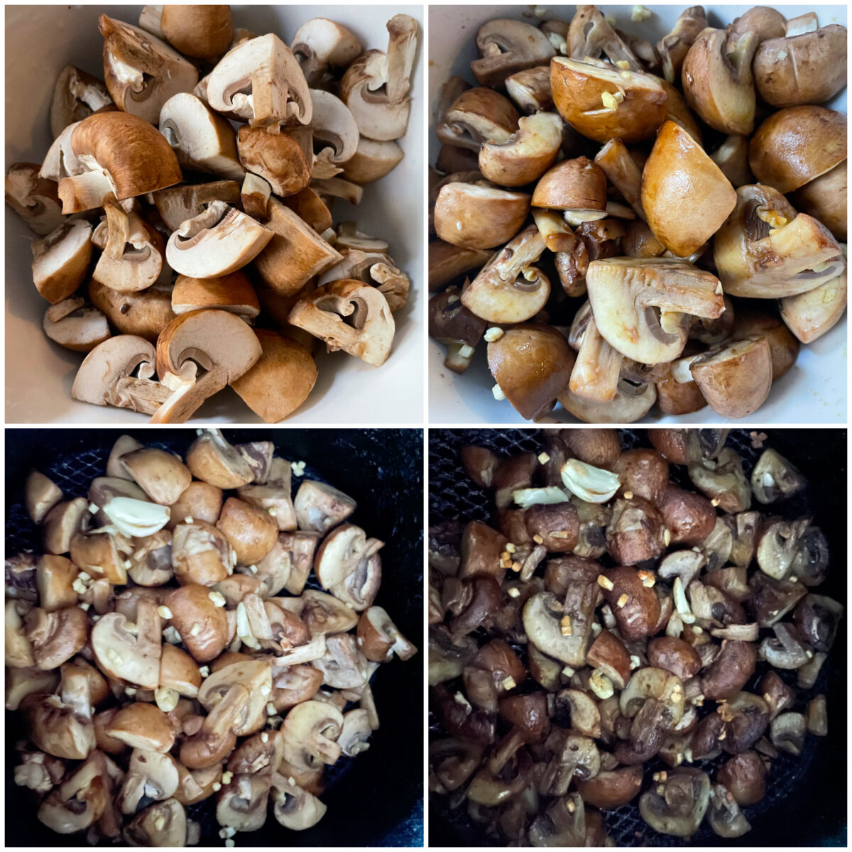 step by step collage of 4 images for cooking mushrooms in air fryer.