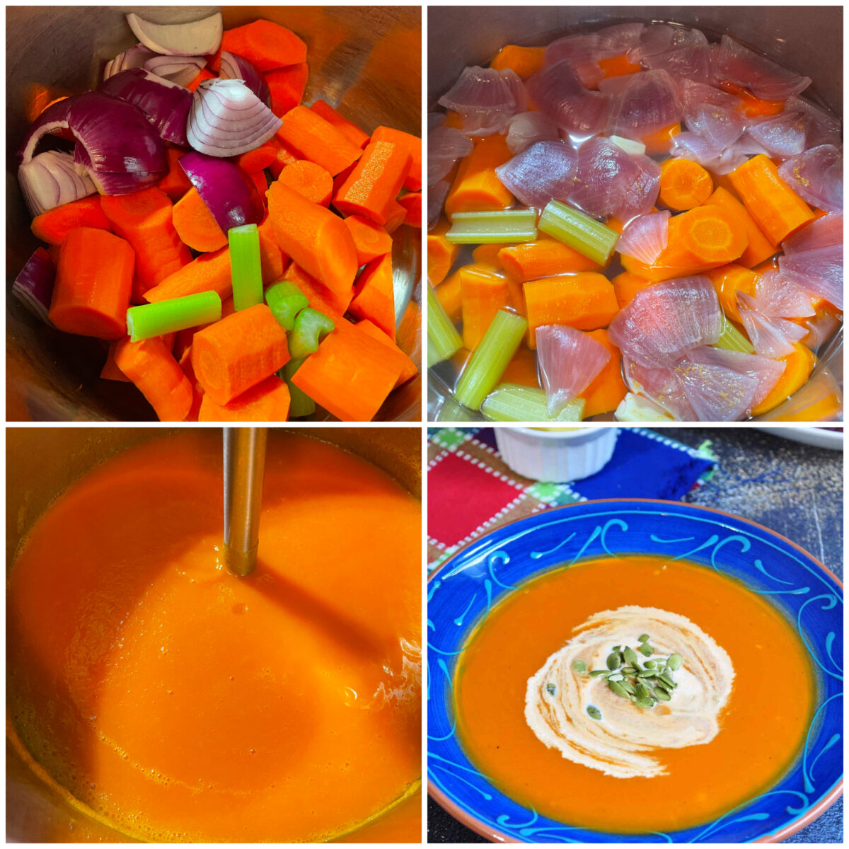 collage of 4 images of carrot soup in instant pot.