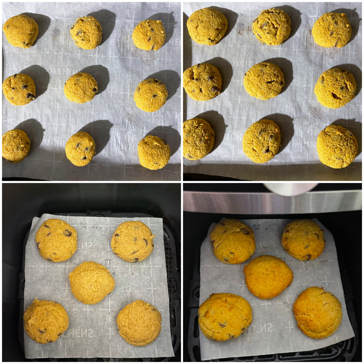 Top 2 images baking in oven, bottom 2 in air fryer.