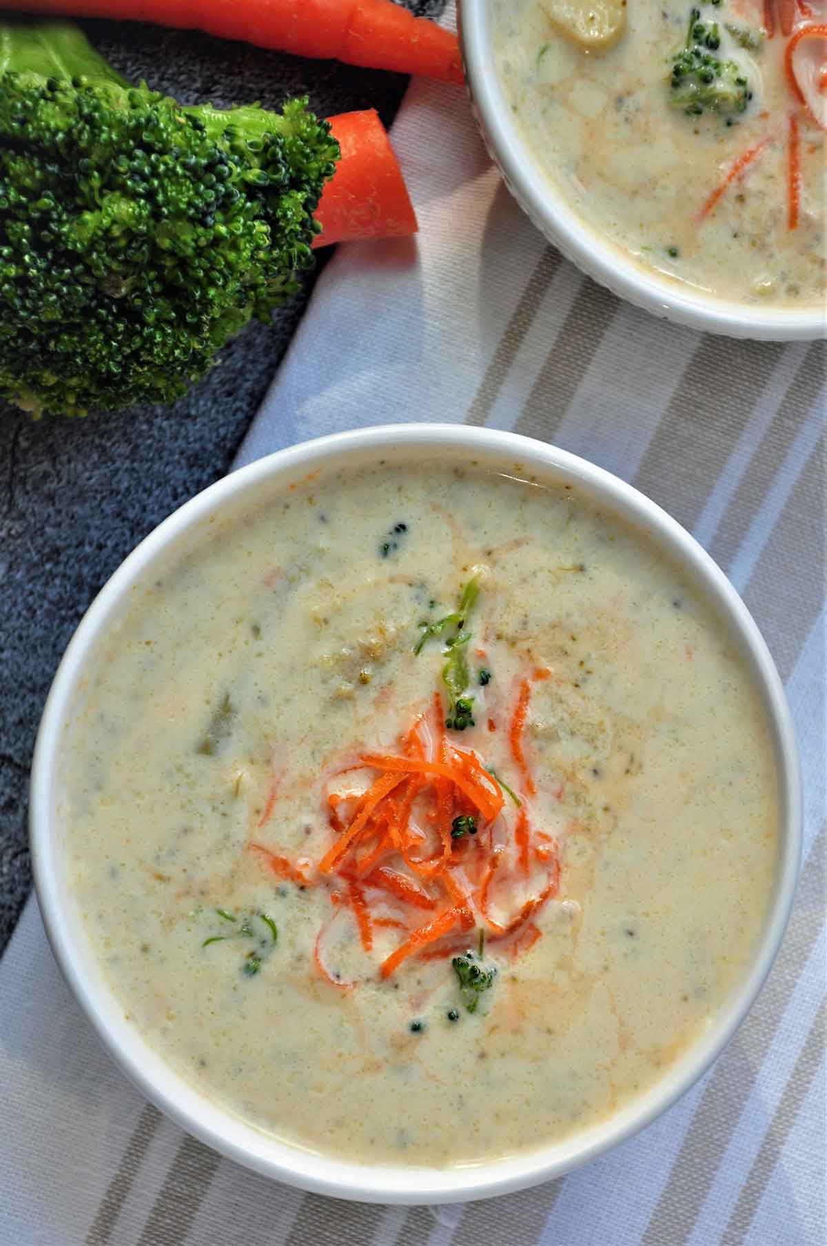 Broccoli cheese soup in a bowl.
