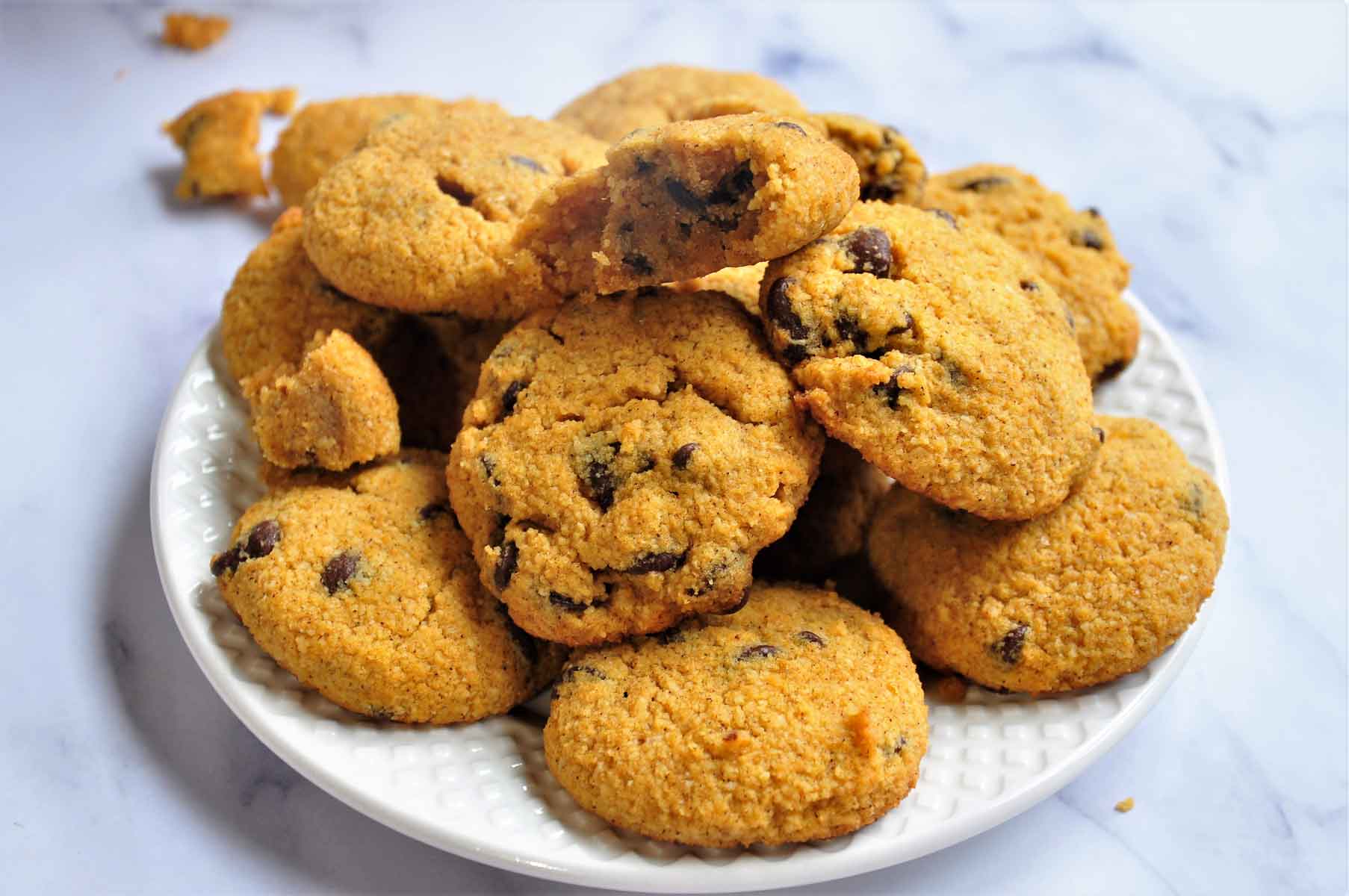 Pumpkin chocolate chip cookies in a plate.