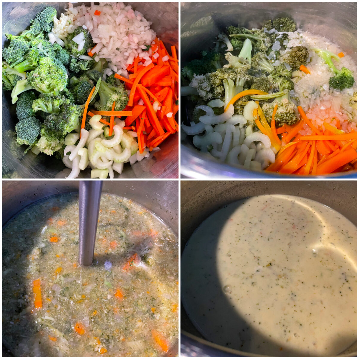 collage of 4 images to make broccoli cheddar soup in the instant pot.