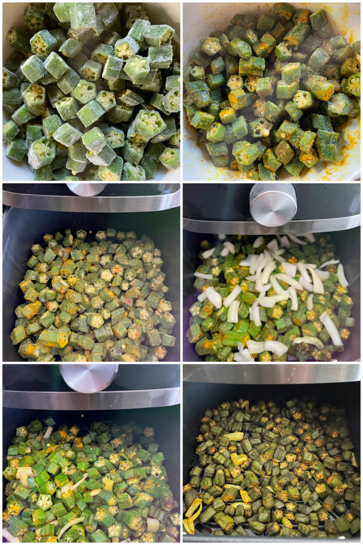 collage of 4 images of making frozen okra in air fryer.