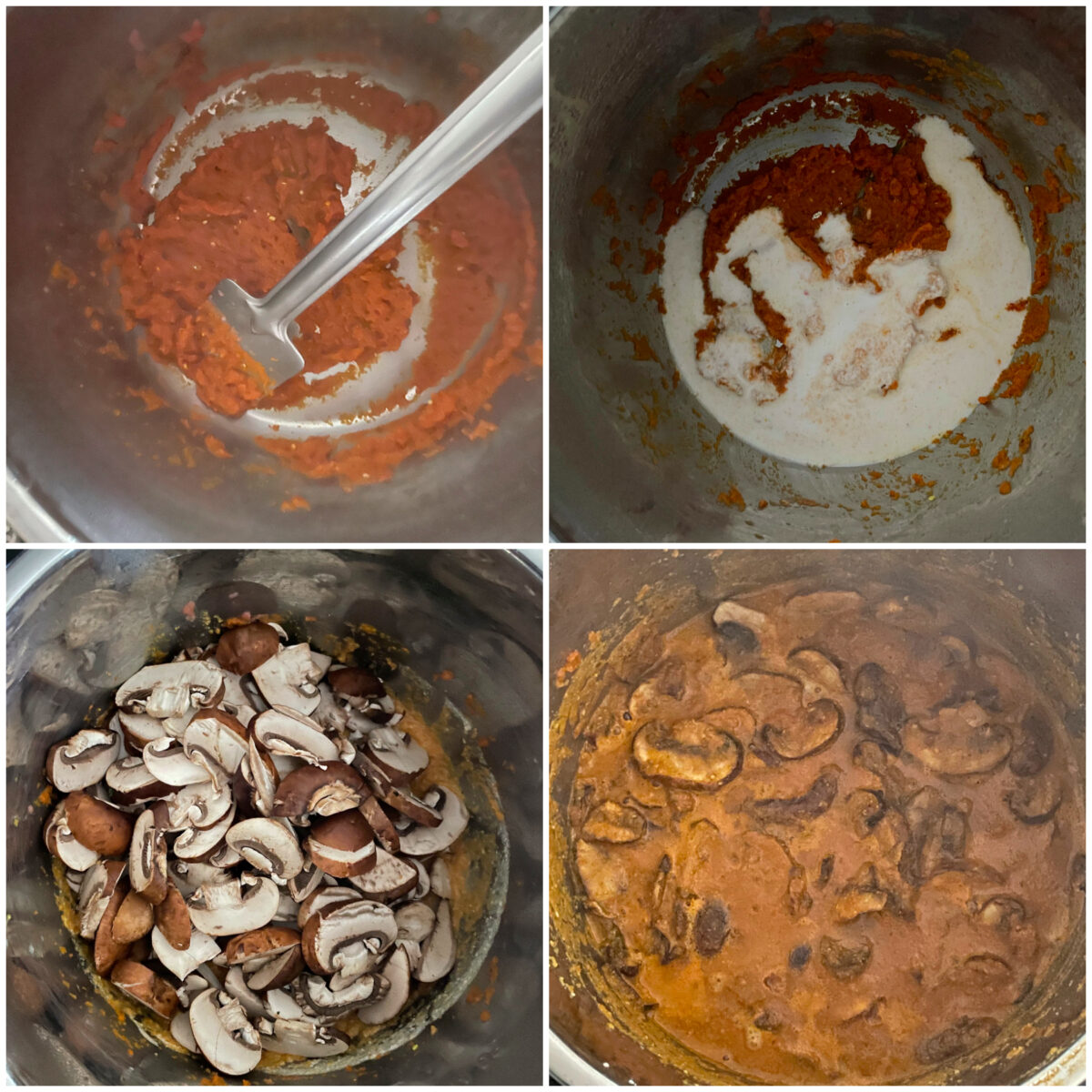 collage of 4 images to make mushroom masala in instant pot.