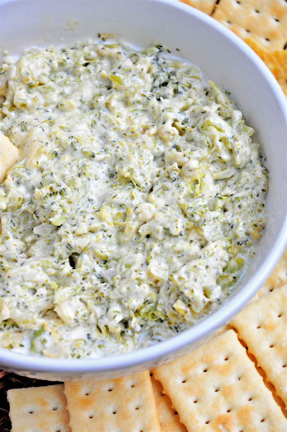 Broccoli cheese dip in a bowl served with crackers.