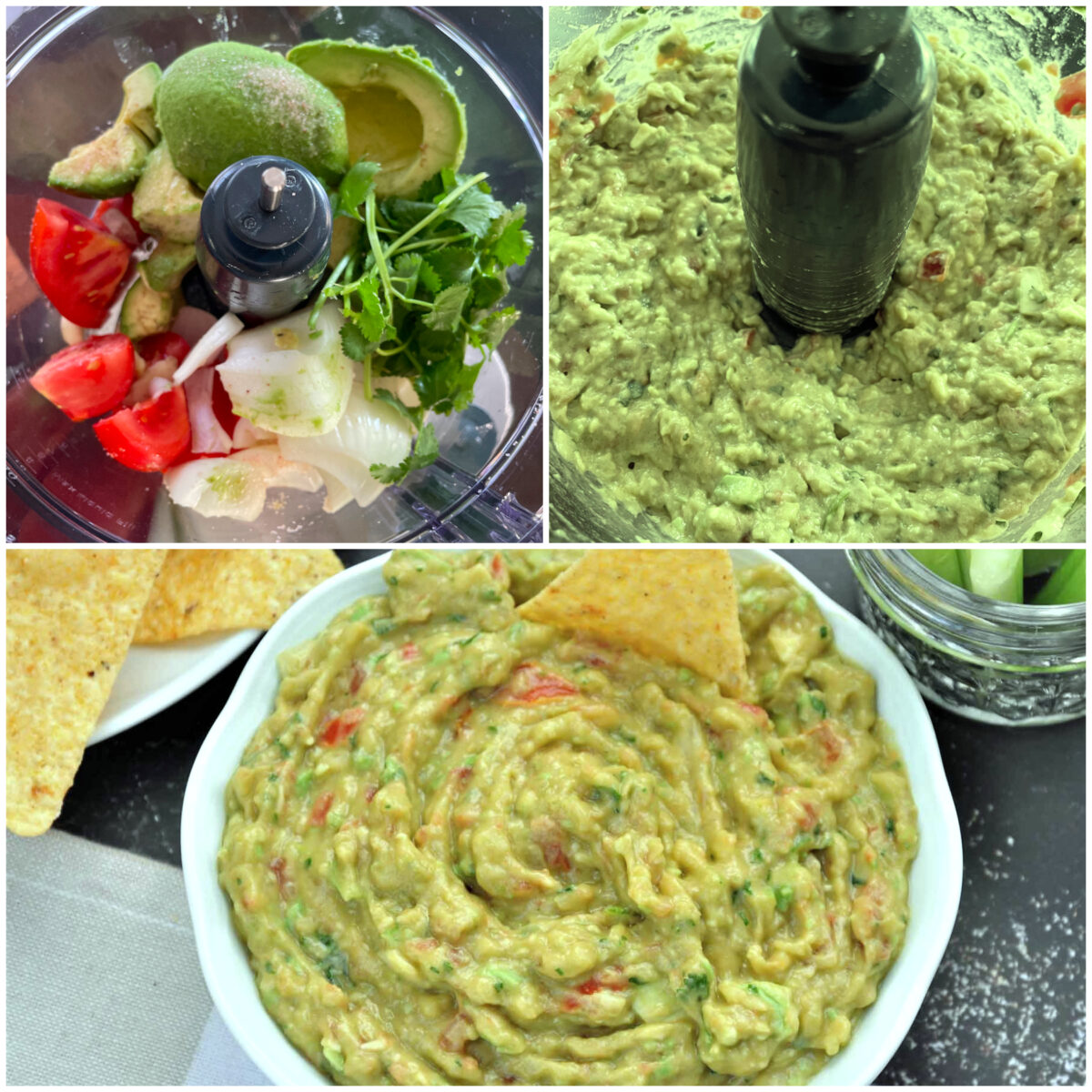 collage of 3 images of making guac in food processor.