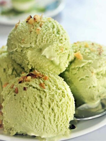 Matcha ice cream scoops served in a plate.