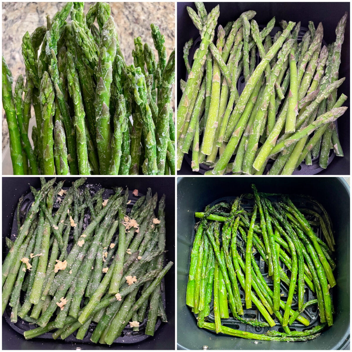 step by step collage of 4 photos to cook frozen asparagus in air fryer.