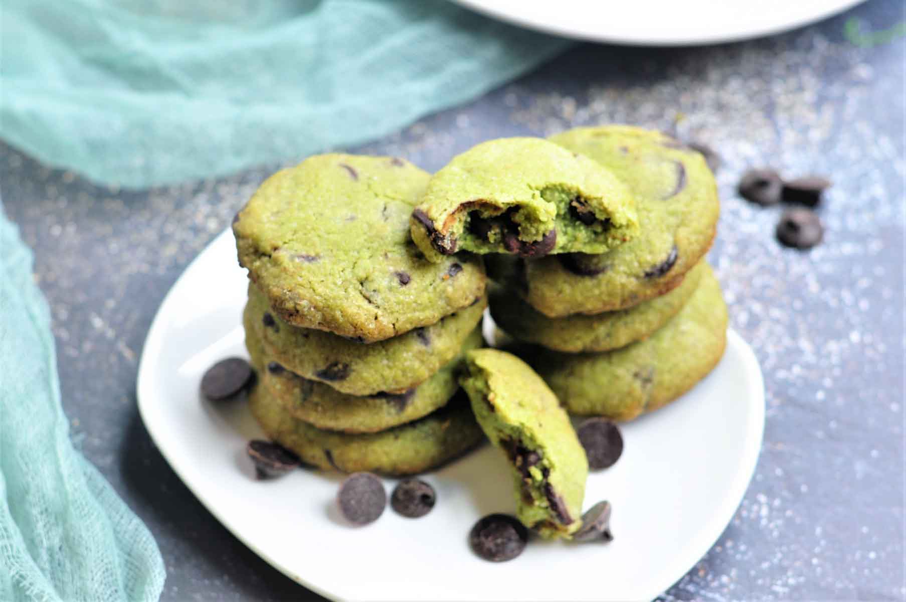 Matcha green tea cookies stacked in a plate.