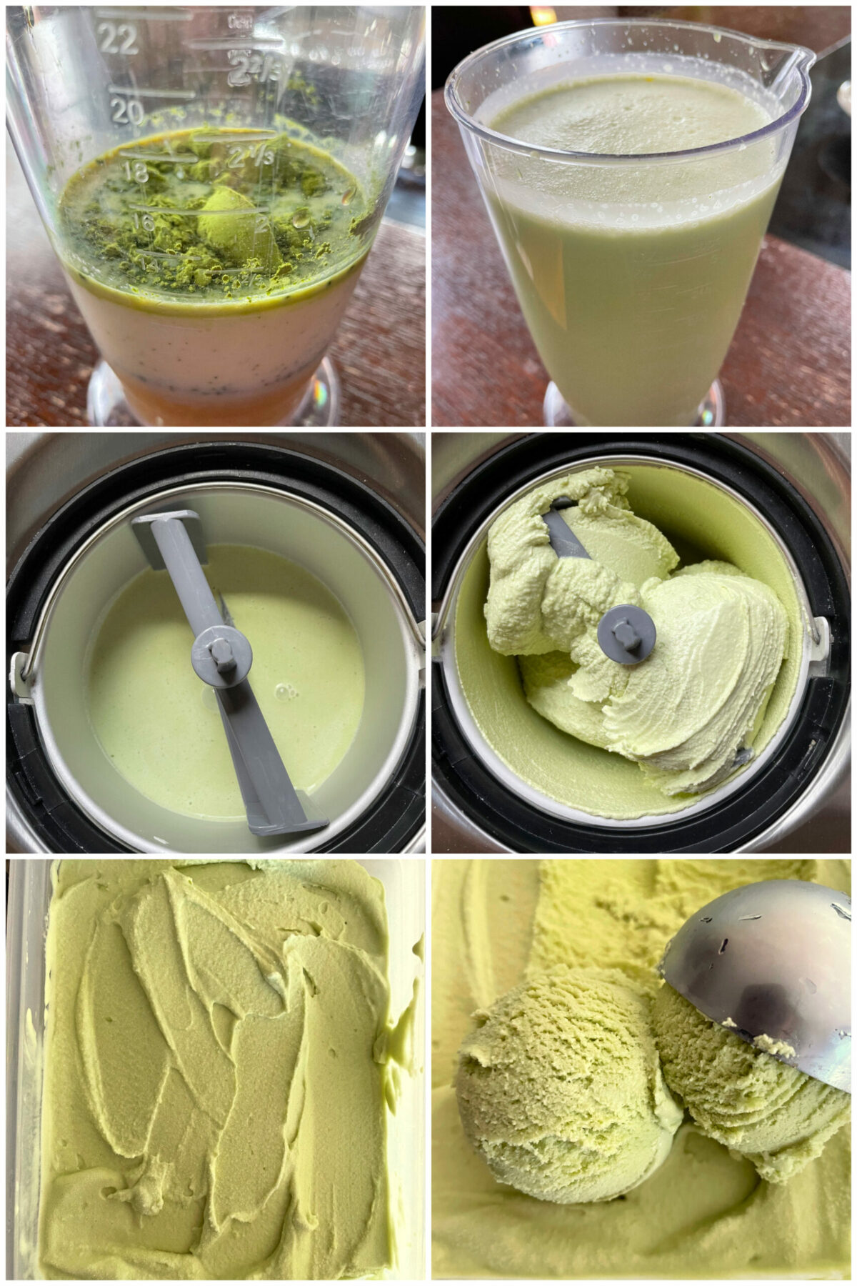 step by step collage of 6 images of making matcha ice cream