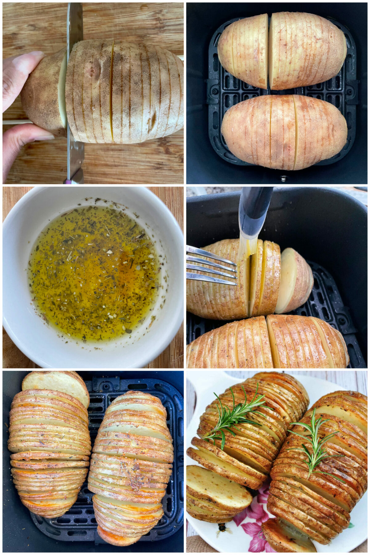 collage of 6 images of making hasselback potatoes in air fryer.