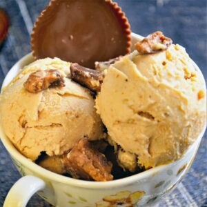 Peanut butter ice cream scoops served in a bowl with Reese's topping.