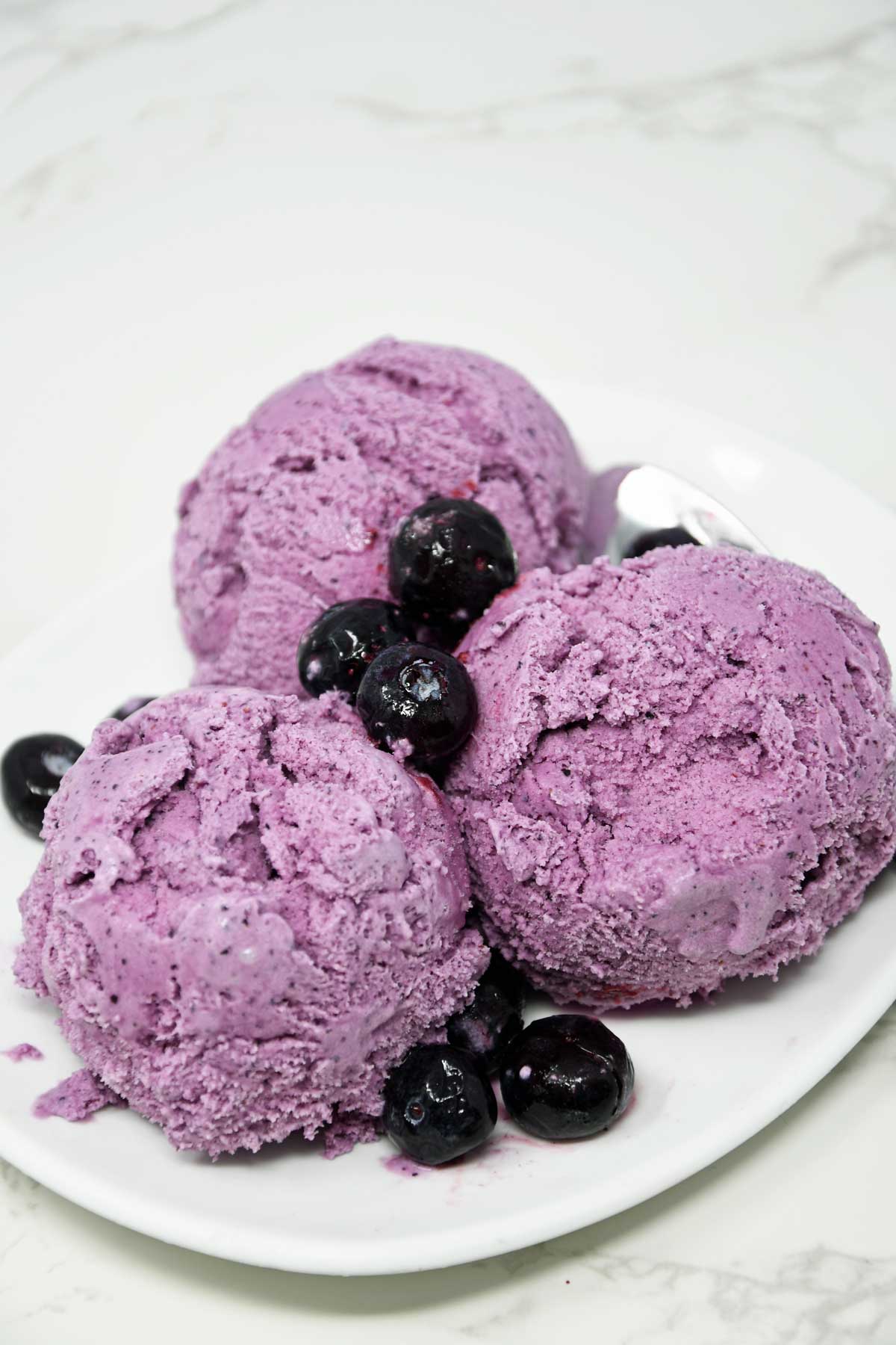 Scoops of blueberry ice cream in a plate.