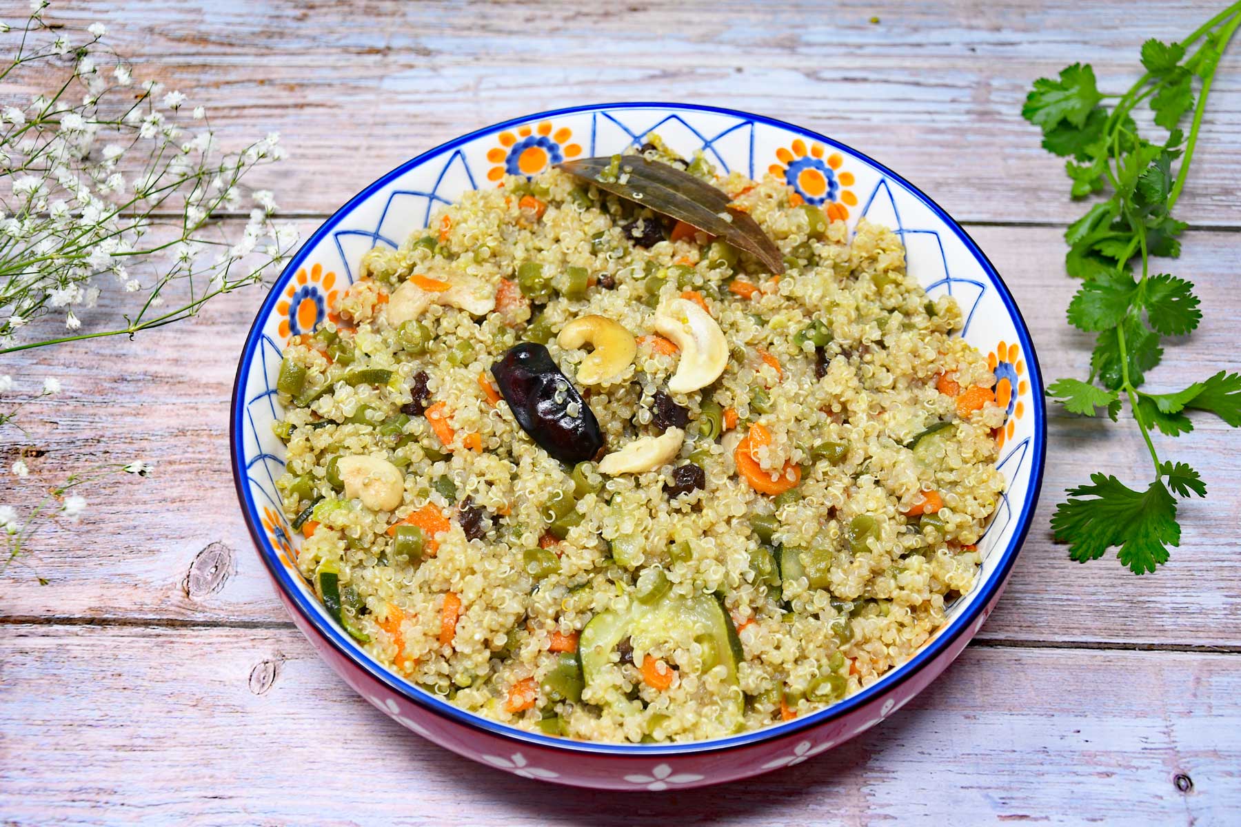 Quinoa pulao served in a bowl.