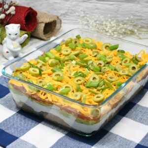 7-layer dip in a pyrex dish.