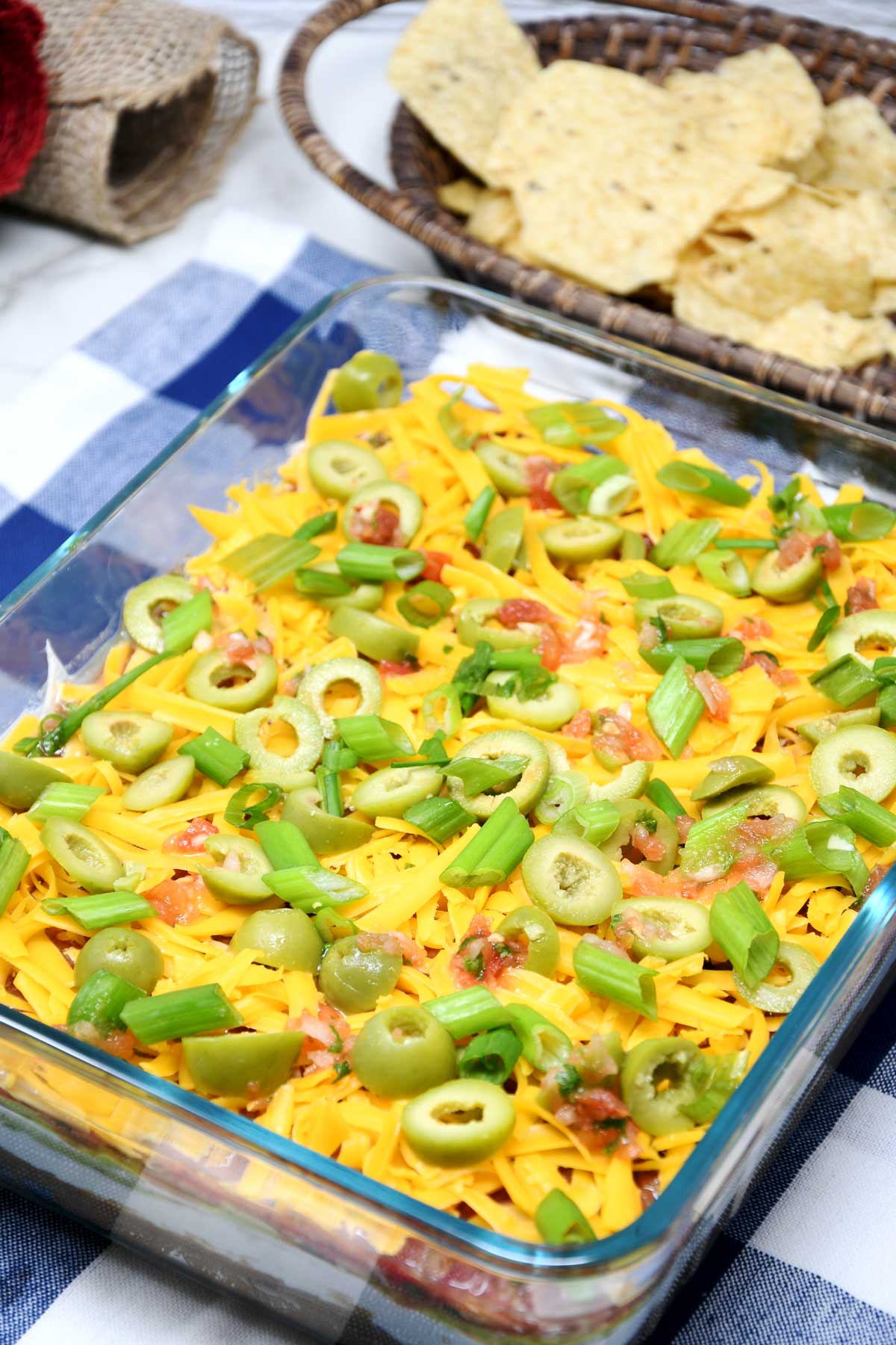 7-layer dip in a Pyrex dish.