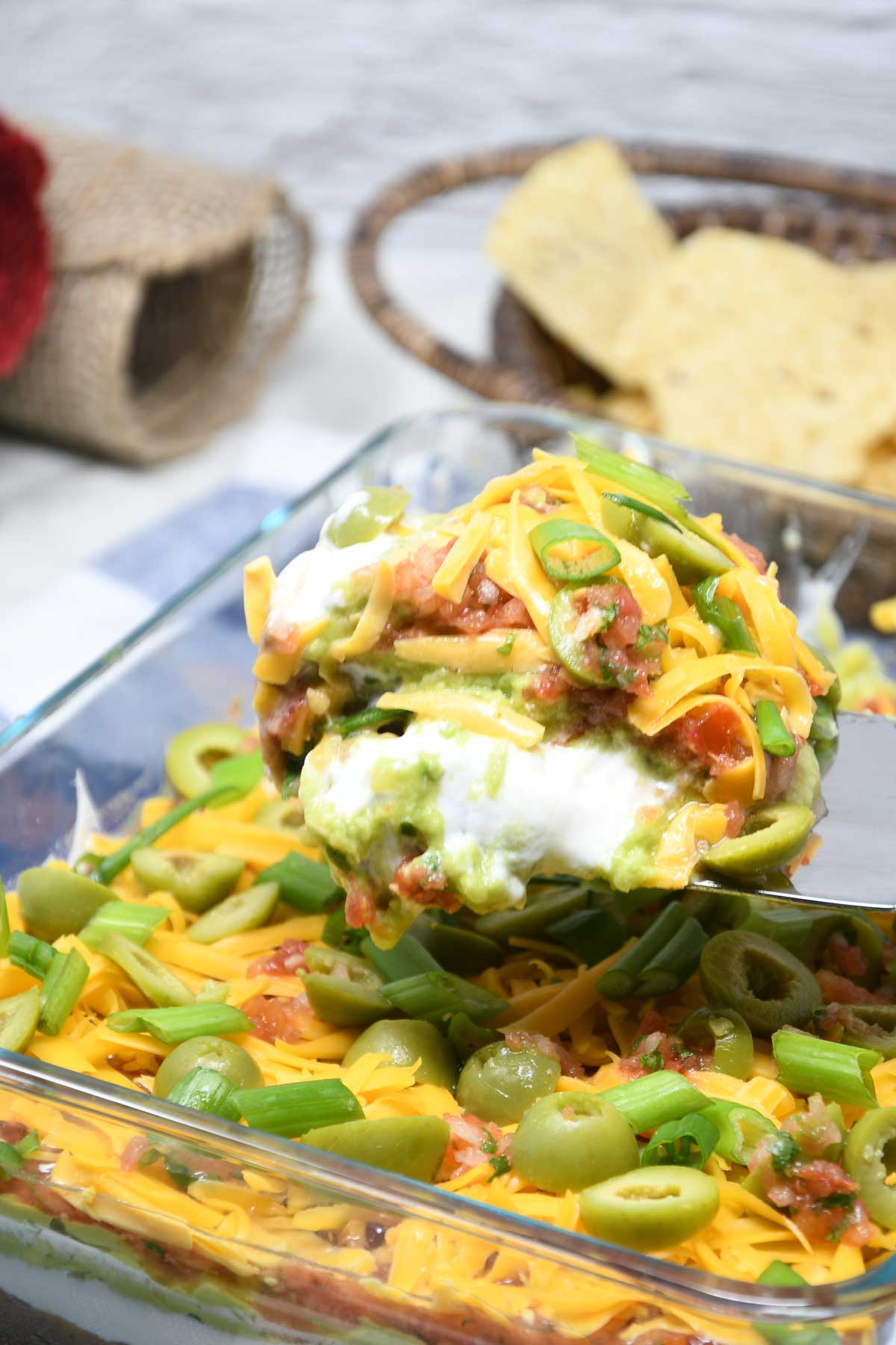 7-layer dip in a Pyrex dish.