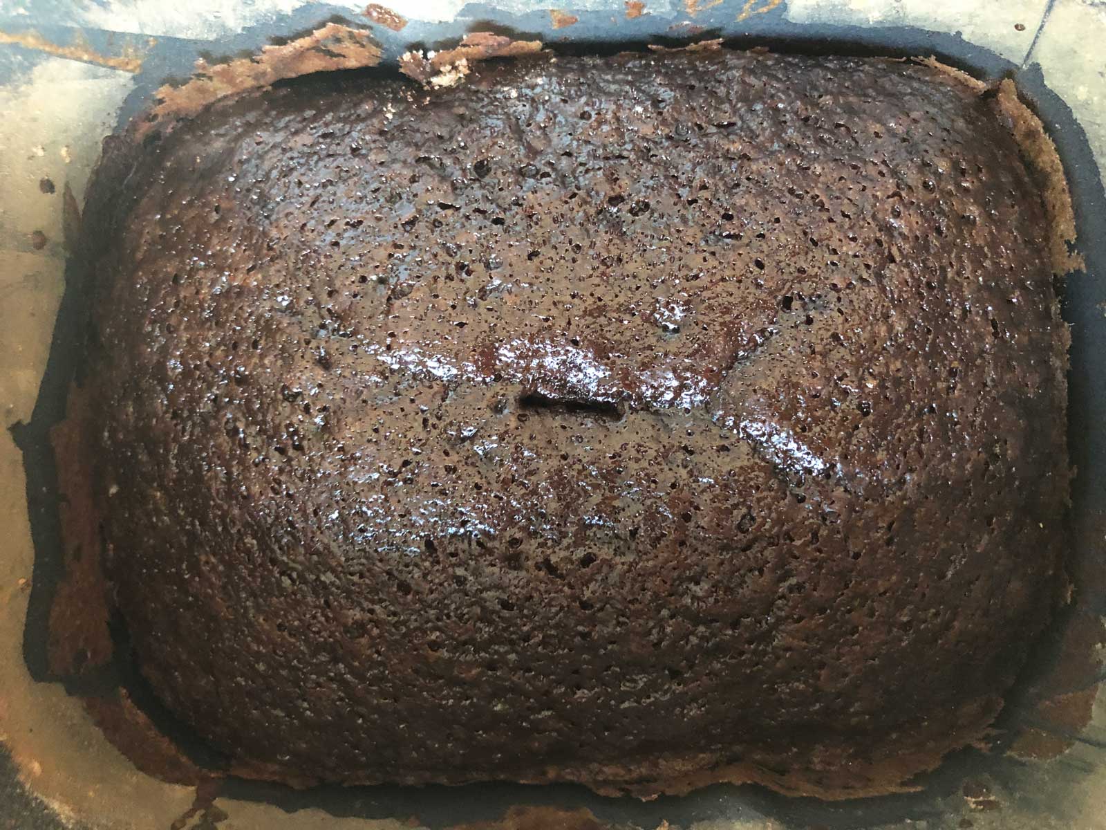 Baked chocolate cake in pan.