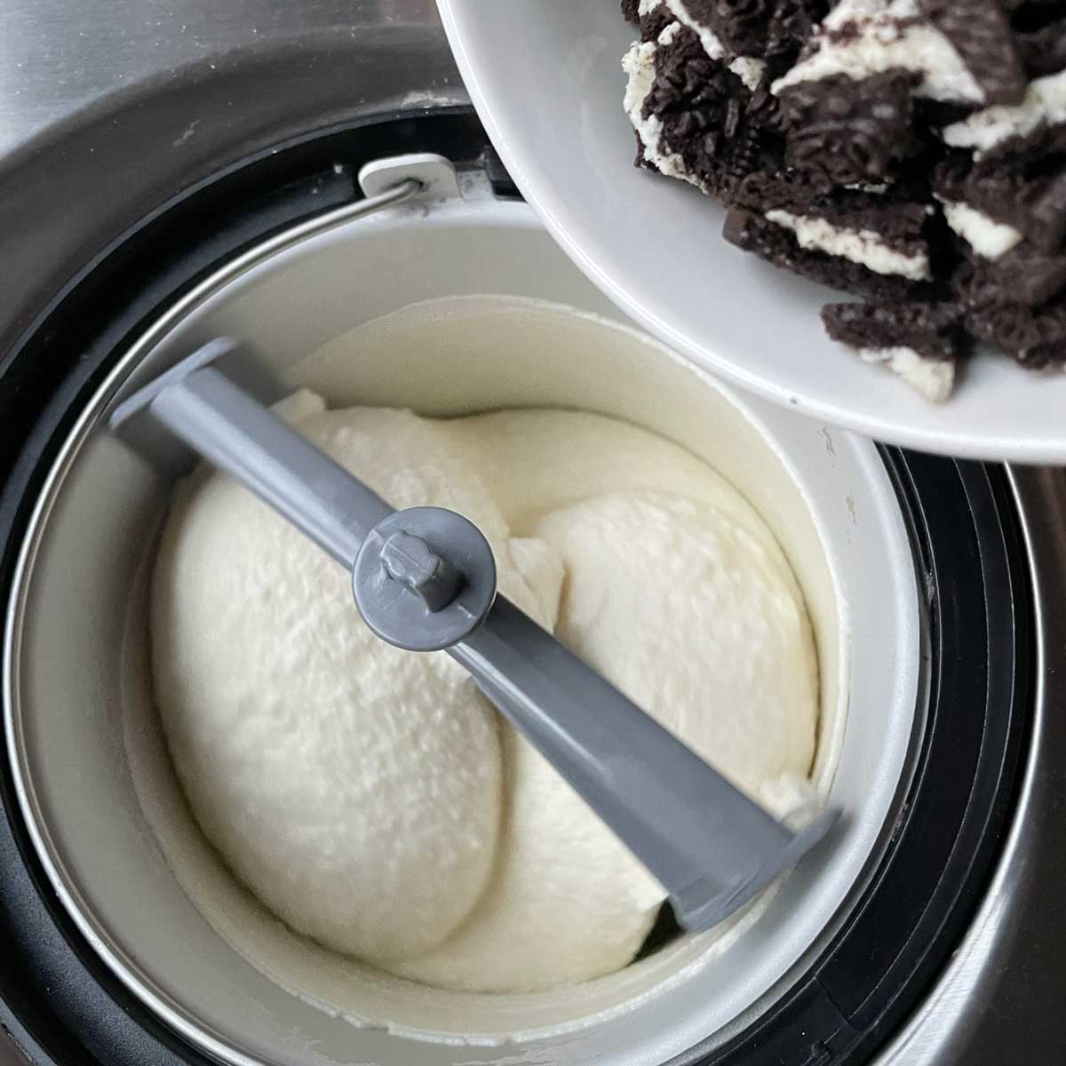 Cookie cream ice cream churning.