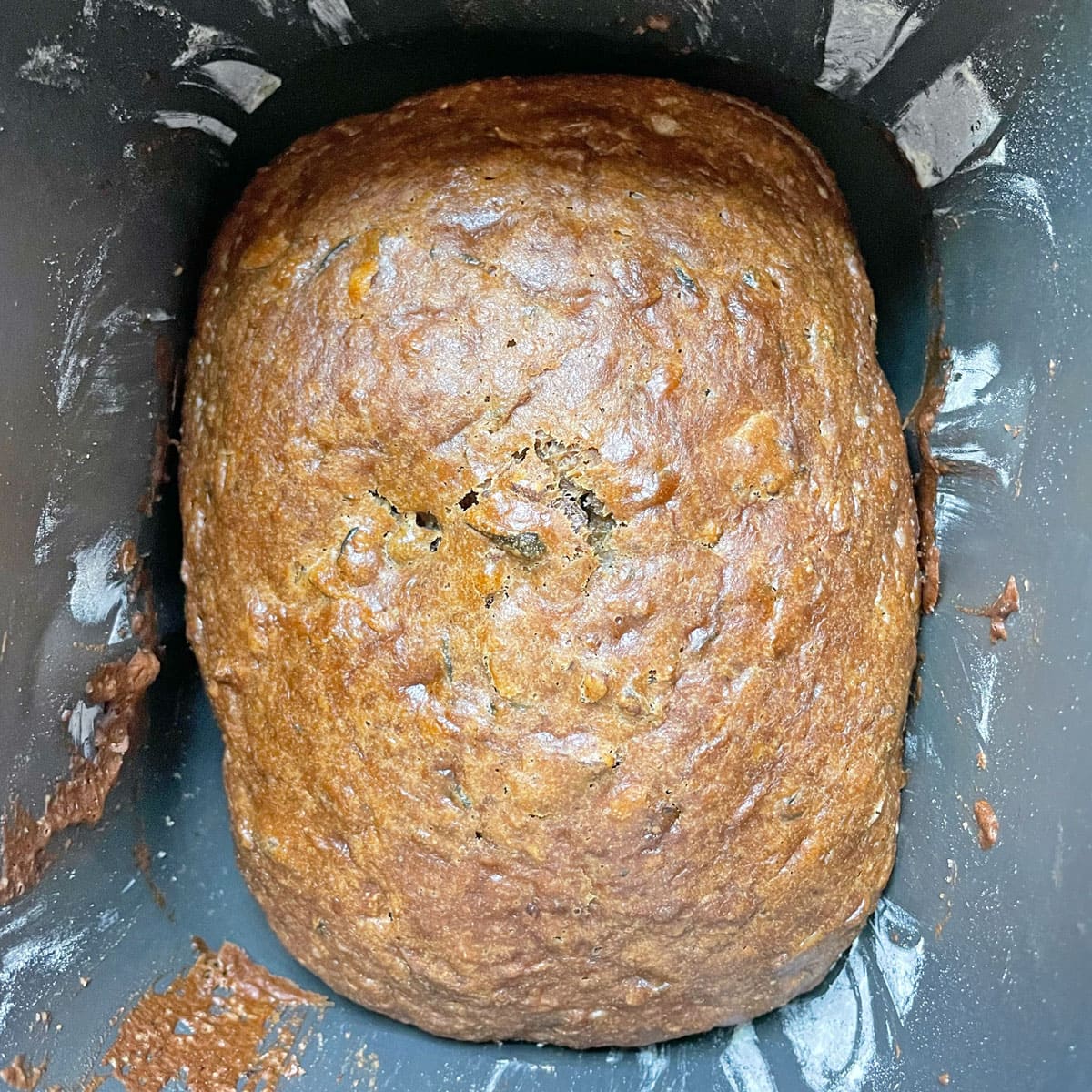 Baked zucchini bread in bread pan.