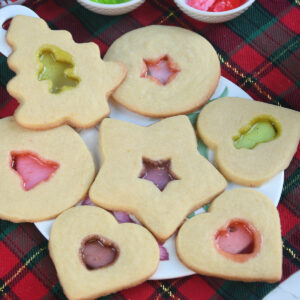 Stained glass cookies in a serving tray.