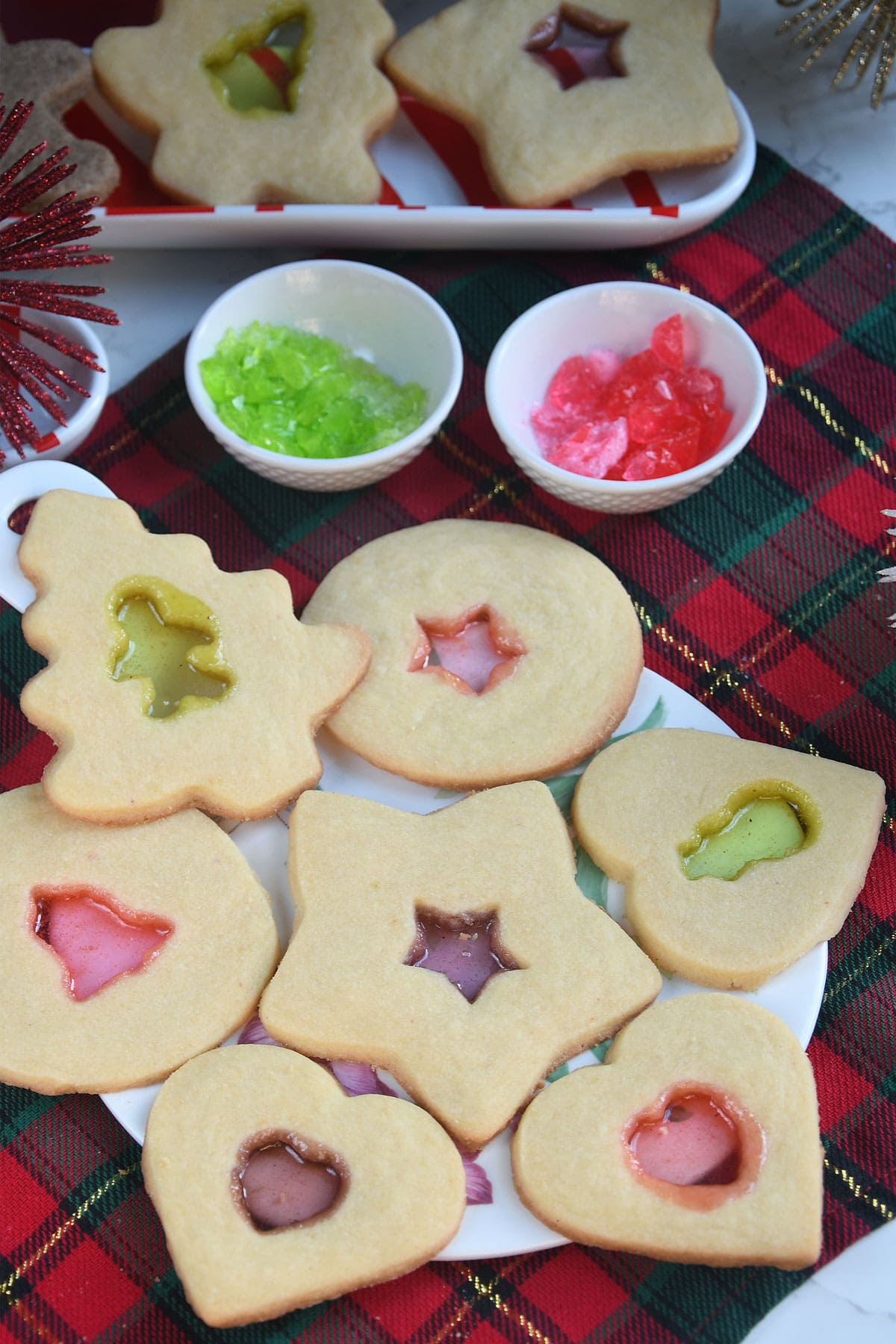 Stained glass cookies in a serving tray.
