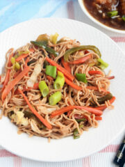 Hakka noodles served with vegetable Manchurian.