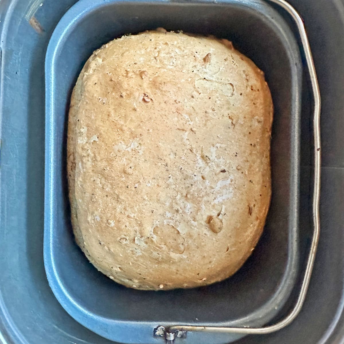 Daves Killer bread loaf in bread pan.