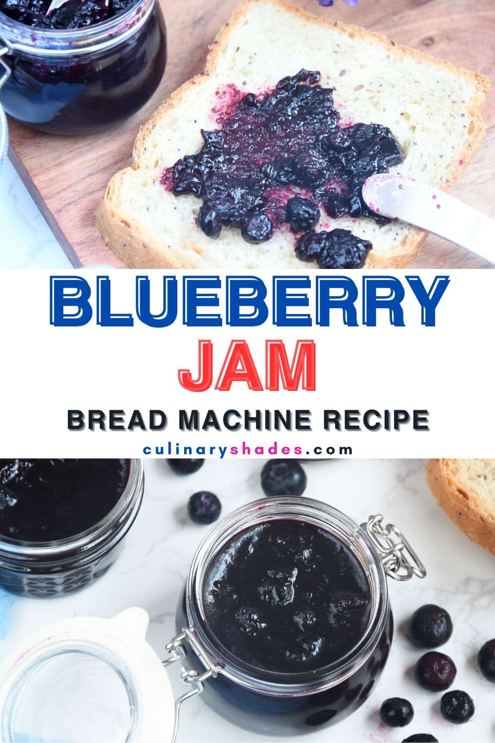 Blueberry Jam in a jar and spread on a bread slice.