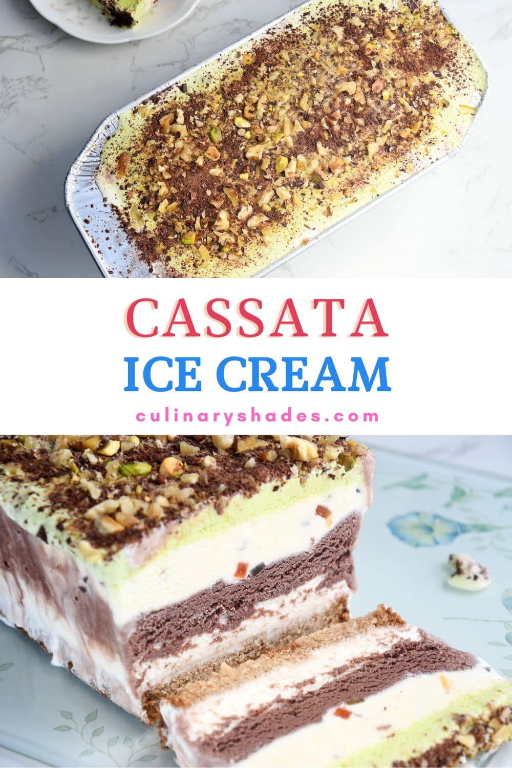 Cassata ice cream brick and slice on cheese board.